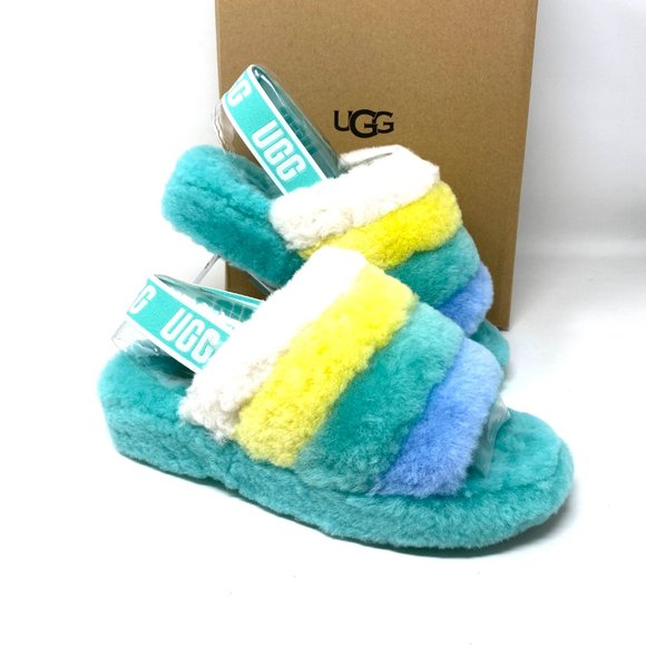 UGG Shoes - UGG FLUFF YEAH Women Size 8 1097169 TPMLT Green Fur Sheep Slides Slipper Sandal